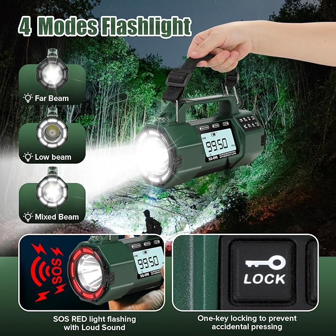 Emergency Weather Radio, 5000mAh Replaceable Battery, Solar Hand Crank Radio with AM/FM/SW/NOAA Alert, Sleep Timer Alarm Clock, Compass Cell Phone Charger, Headphone Jack, Flashlight and SOS Siren