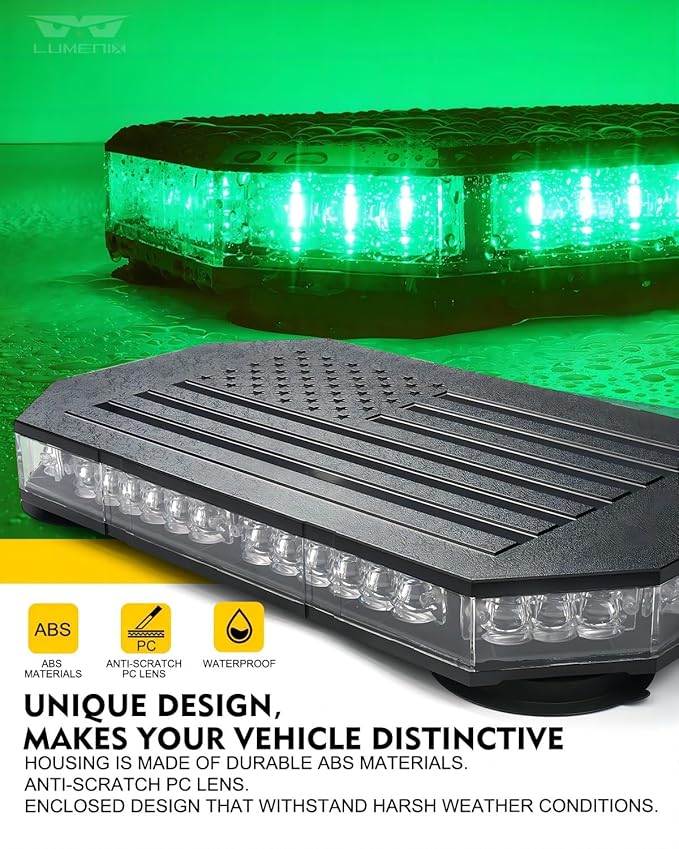 LUMENIX Green LED Rooftop Strobe Beacon Lights Magnetic Mount Emergency Flashing Safety Warning Caution Traffic Light Bar, for Law Enforcement POV Vehicles Towing Trucks Snowplow - Patented Design