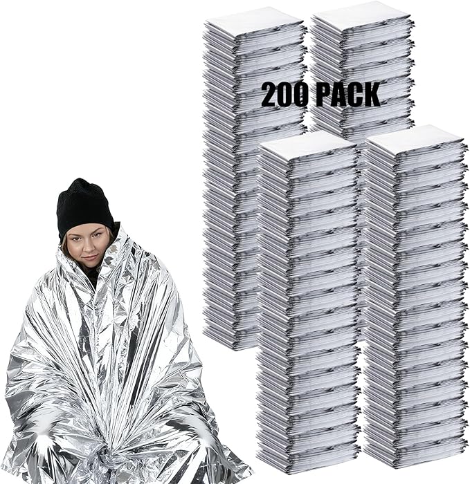 200PCS Emergency Blankets Foil Mylar Thermal Individually Wrapped, Waterproof Survival Blanket for Camping, Outdoors, First Aid Kit Travel