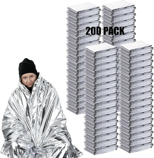 200PCS Emergency Blankets Foil Mylar Thermal Individually Wrapped, Waterproof Survival Blanket for Camping, Outdoors, First Aid Kit Travel