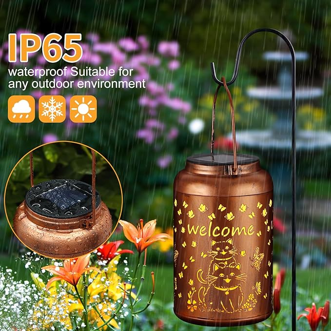 Solar Lantern Outdoor Hanging Waterproof Outside Metal Openwork Hummingbird Pattern Birthday Gifts for Women Mom Landscape Lights for Porch Garden Yard Patio Pathway Decor(Cat)
