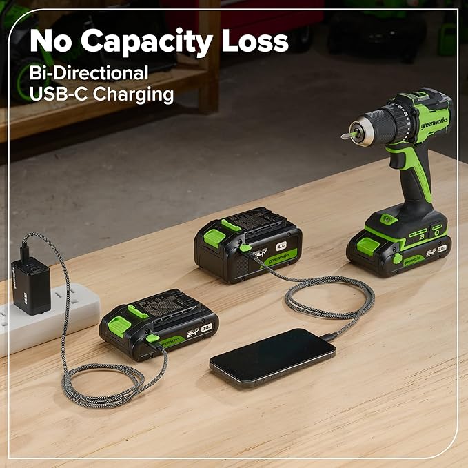 Greenworks 24V Brushless 10PC Power Tool Combo, Drill+Impact Driver+Circular Saw+Recip Saw+Jig Saw+Sander+Light+Multi-Tool+Nailer+Grinder (2) 4.0Ah+2.0Ah Batteries (24,000mAh Power Bank) USB-C Charger