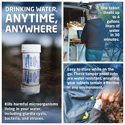 Aquatabs 397mg Water Purification Tablets (100 Pack). Water Filtration System for Camping, Boating, Emergency Water, Survival, and Marine. Easy-to-Use Water Purifier Treatment.
