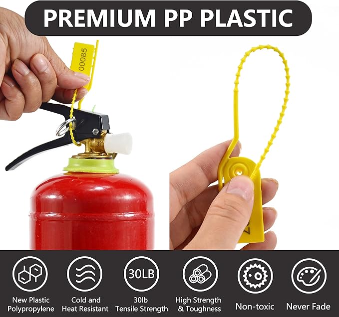 200 Plastic Tamper Seals Numbered Zip Ties Pull Tite Inspectin Tags Disposabl Breakable Tags Secure Plastic Signage for Fire Extinguisher, Shoes, Clothes (Yellow)