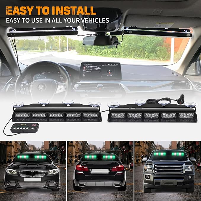 XRIDONSEN 2x 17 inch Green White Emergency Lights for Vehicles 40 LED Emergency Dash lights Interior Front/Rear Windshield Strobe Lights Safety Warning for Volunteer Firefighter Vehicles Trucks