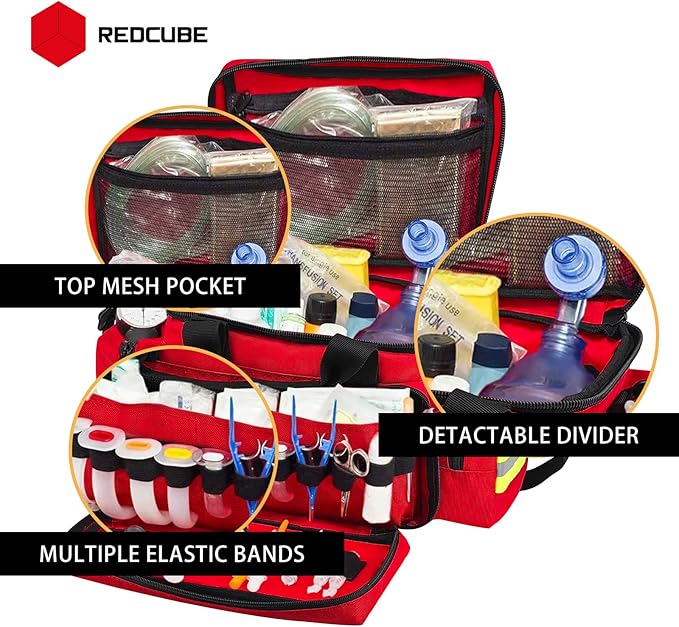 REDCUBE Emergency Bag - First Aid Bags Empty - First Responder Bag for Trauma, Professional Multiple Compartment Kit Carrier For Emergency Medical Supplies (Red)