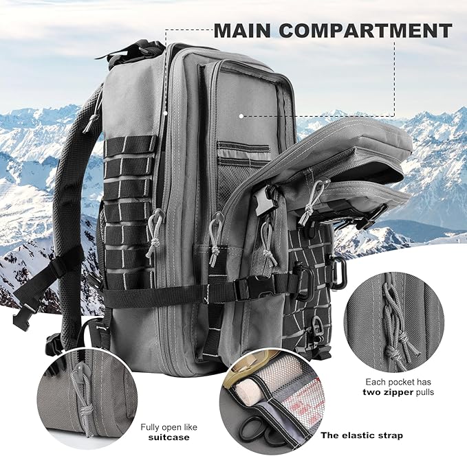 MOLLE Assault Backpack, Tactical Backpack Military Army Camping Rucksack, 3-Day Pack Trip w/USA Flag Patch, D-Rings Grey and Black