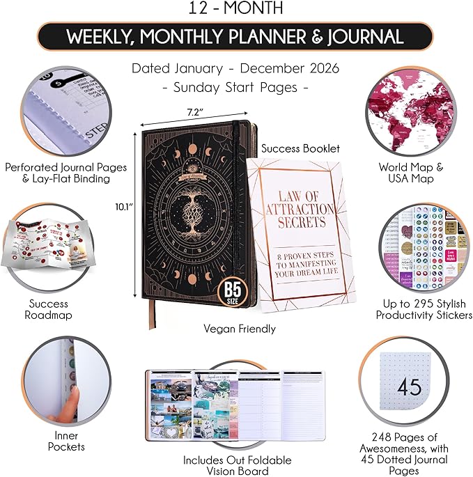 Deluxe 2026 Planner Weekly and Monthly | Law of Attraction Planner with Productivity App | 12-Month for Productivity, Gratitude & Goal Setting | Includes Foldable Vision Board, Gift Box & Stickers