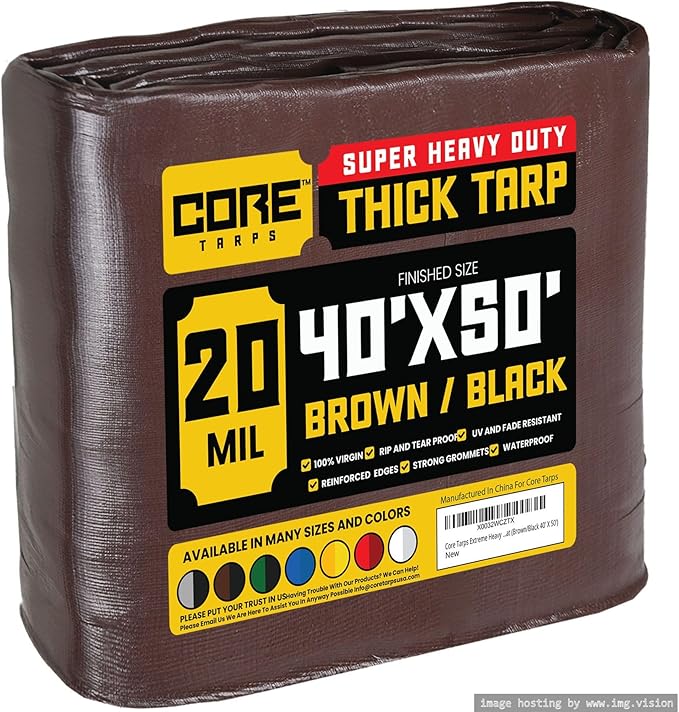 Core Tarps Extreme Heavy Duty 20 Mil Tarp Cover, Waterproof, UV Resistant, Rip and Tear Proof, Poly Tarpaulin with Reinforced Edges for Roof, Camping, Patio, Pool, Boat (Brown/Black 40′ X 50′)