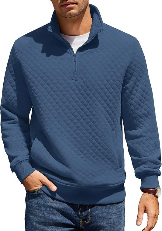 COOFANDY Mens Quarter Zip Pullover Quilted Sweatshirt Knit Long Sleeve Mock Neck Sweater Polo with Pocket