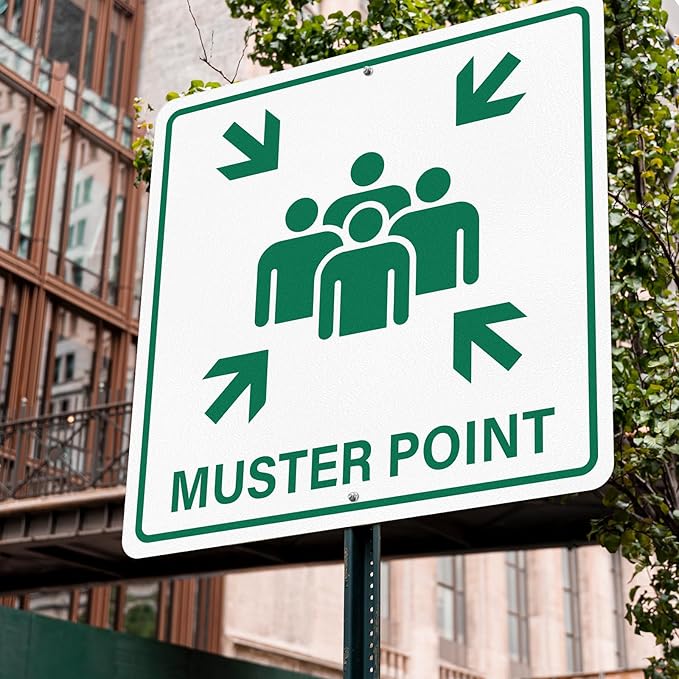 Muster Point Sign with Pre-Drilled Holes 18 × 18 Inches Heavy-Duty Aluminum Reflective Waterproof Signage for Warehouse School Hospital