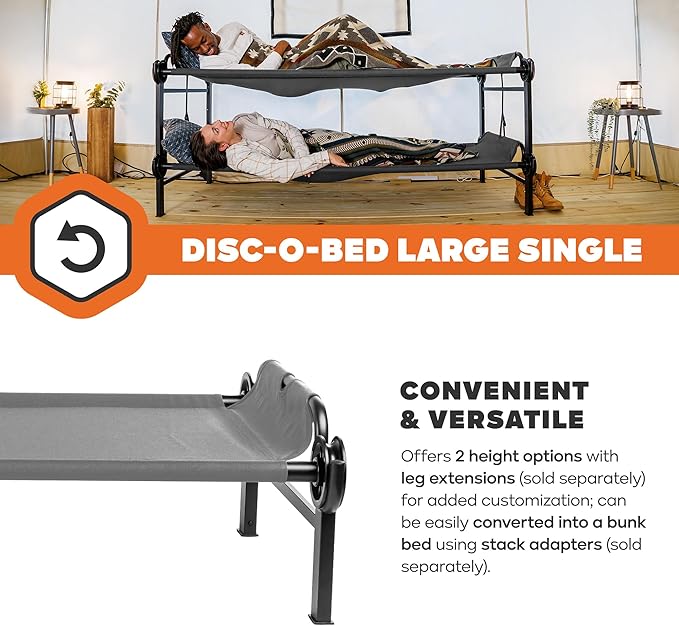 Disc-O-Bed Large Outdoor Modular 1 Person Single Camping Cot Portable Bed for Adults, Sleep Solution for Tents, Grey
