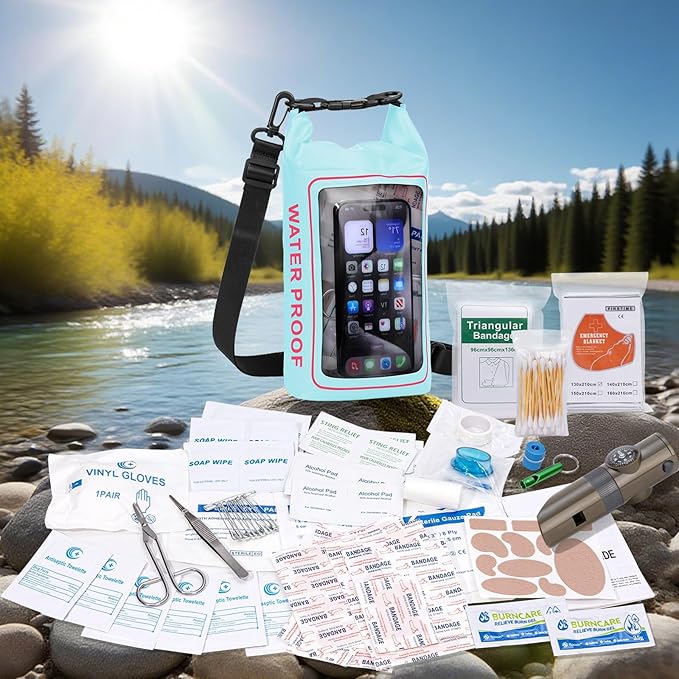 154 Pieces Waterproof Boat First Aid Kit Dry Bag with Cell Phone Bug Out Bags Pouch Roll Top Boat Emergency Kit 2-in-1 for Camping Fishing Kayaking Swimming Rafting
