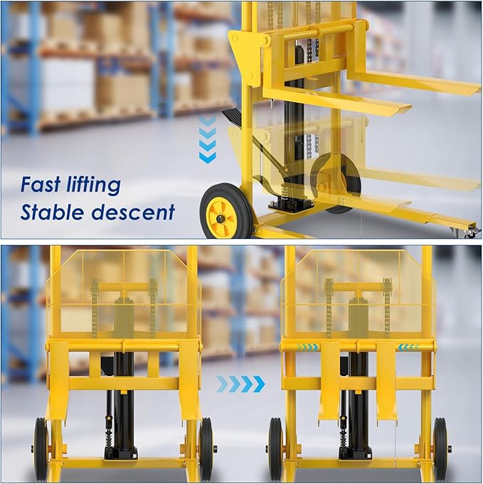 Hydraulic Material Lift,550lbs Lift Dolly,Upgraded Baffle Pallet Lift,37.4” Max Lift with Front Universal Wheels and 9" Polyurethane Wheels, 18.5" Fork Length, Hand Forklift, Steel Platform x 1