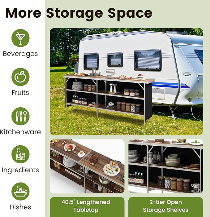 COSTWAY 81" Folding Picnic Table, Portable Bar Table with Carry Bag, Lightweight Aluminum Food Prep Station with 2 Shelves, Quick Set-up, BBQ, Party, Backyard, Brown