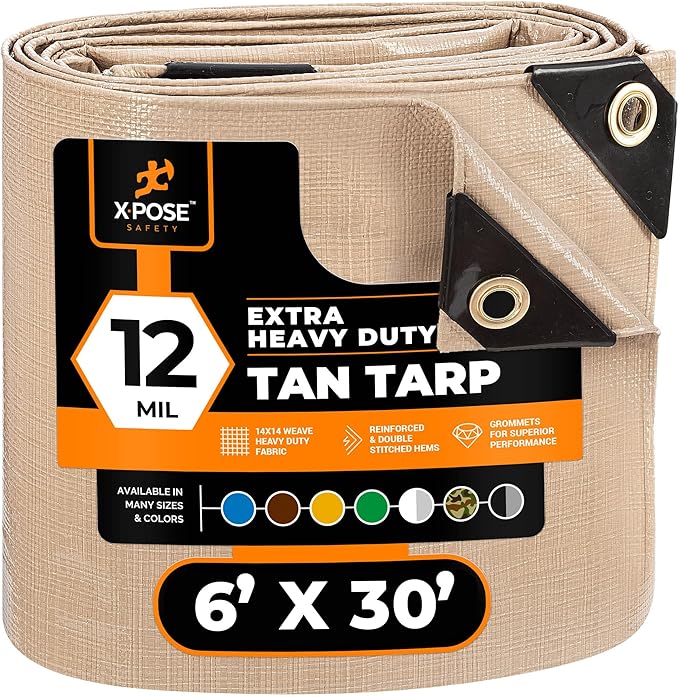 Heavy Duty Tan Poly Tarp 6' X 30' - Multipurpose Protective Cover - Durable, Waterproof, Weather Proof, Rip and Tear Resistant - Extra Thick 12 Mil Polyethylene - by Xpose Safety