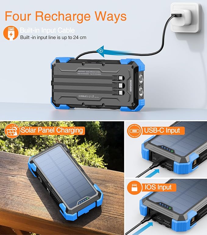 GOODaaa Portable Charger 42800mAh Built in 4 Cables and Thermometer 15W Fast Charging Power Bank Five Outputs Three Inputs Solar Charger Power Bank, SOS/Strobe/Strong Flashlights, Carabiner