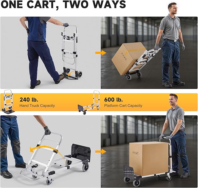 CREWORKS 3 in 1 Convertible Hand Truck Dolly with Brakes,Heavy Duty Folding Hand Truck with 600LB Capacity,Portable Dolly Cart with Rubber Wheels and Telescoping Handles for Moving