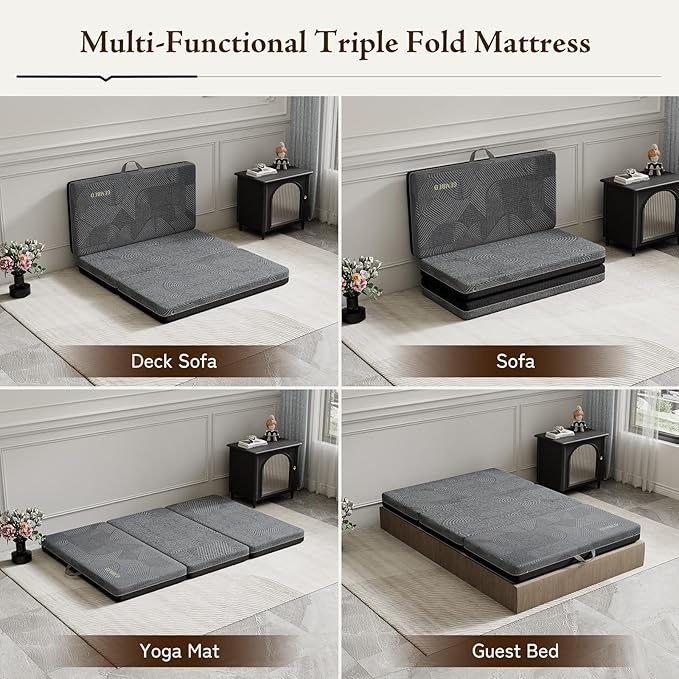 Tri Folding Mattress Full Size - Memory Foam Tri-fold Mattress, Handle & Non-Slip Bottom, Portable Foldable Sofa Bed Floor Chair for Travel RV Camping Guest Yoga - 4 Inch, 73"x52"x4"