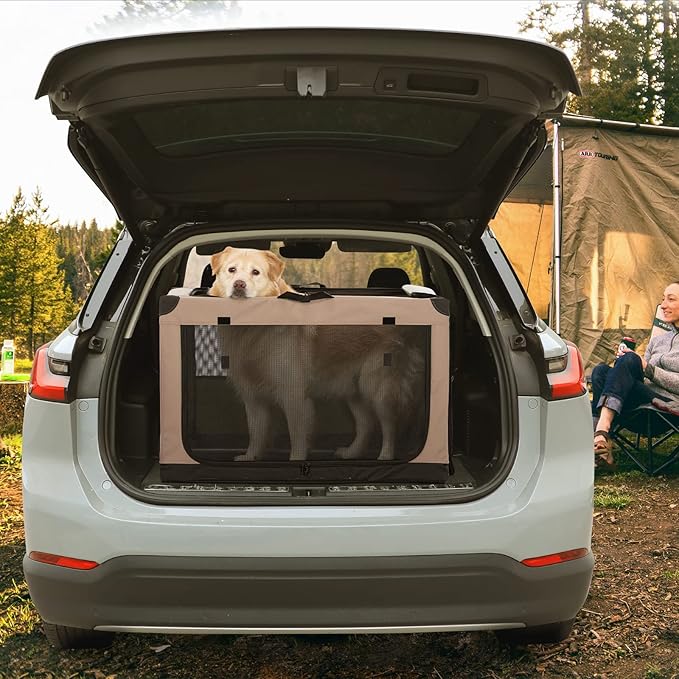 PETSFIT Collapsible Dog Crate, Portable Dog Crate-36 Inch Lightweight, Easy Setup, Sturdy, Adjustable Framework with 3 Mesh Door, Soft Dog Kennel Indoor Khaki
