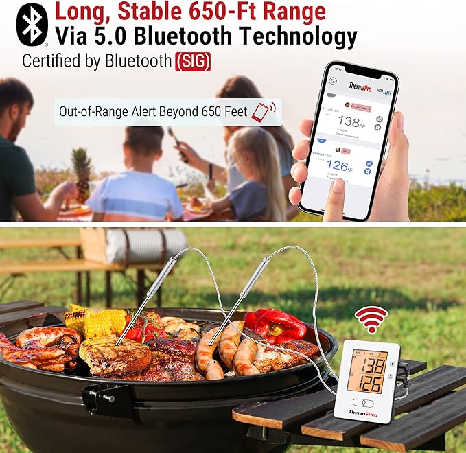 ThermoPro TP910 650FT Bluetooth Meat Thermometer for Smokers, Rechargeable Wireless Meat Thermometer for Grilling with 2 Probes, Grill BBQ Thermometer with Smart Timer, Alarm, Cook Time Estimator