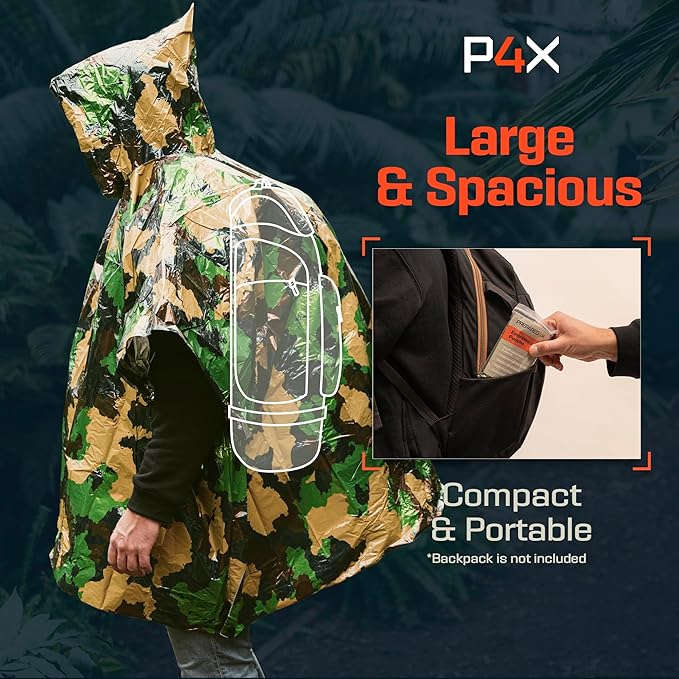 PREPARED4X Emergency Poncho and Mylar Blanket Liner - Waterproof, Wind-Resistant Outdoor Rain Poncho for Camping, Emergencies