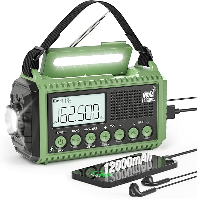 NOAA Weather Radio 12000mAh - Emergency Radio Hand Crank Solar Battery Operated Portable AM/FM Shortwave Radio with USB-C Charger, Flashlight, SOS Alert for Home Outdoor Hurricane Survival