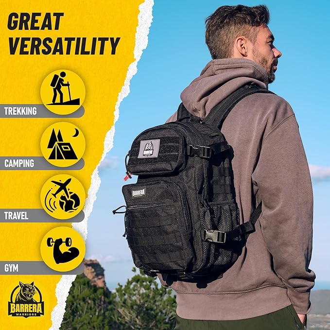 25 L Tactical Backpack: durable military-style backpack with MOLLE system for everyday use, travel, gym, hiking, fishing, camping, and outdoor sports. (BLACK 25L)