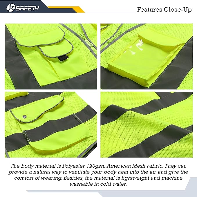 JKSafety 9 Pockets High Visibility Safety Vest for Men and Women, Hi-Vis Reflective Yellow Safety Vests with Zipper Front, Meet ANSI/ISEA Class 2 Type R(159-Yellow L)