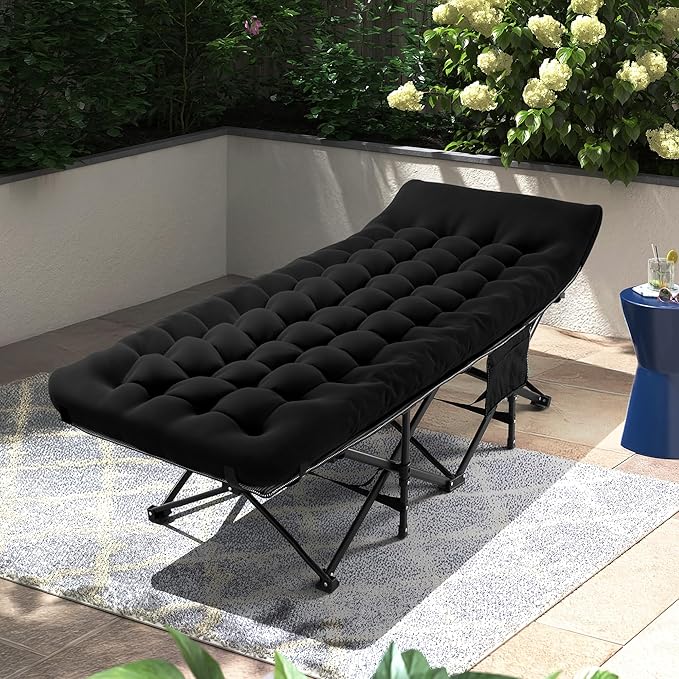 JEAREY Folding Camping Cot for Sleeping, Camping Cots for Adults with Mattress, 1200D Double Layer Oxford Portable Folding Cot Bed with Carry Bag for Guest, Travel, Hiking, Black