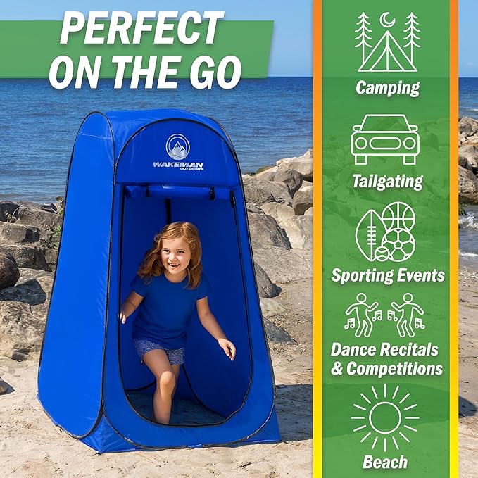 Wakeman Kid Size Pop Up Changing Tent, 3 x 3 x 5.2ft, Mini Camping Shower Tent, Portable Toilet Stall, or Dressing Room for Beach, Dance Recitals, or Sports with Carry Bag, Polyester, Blue