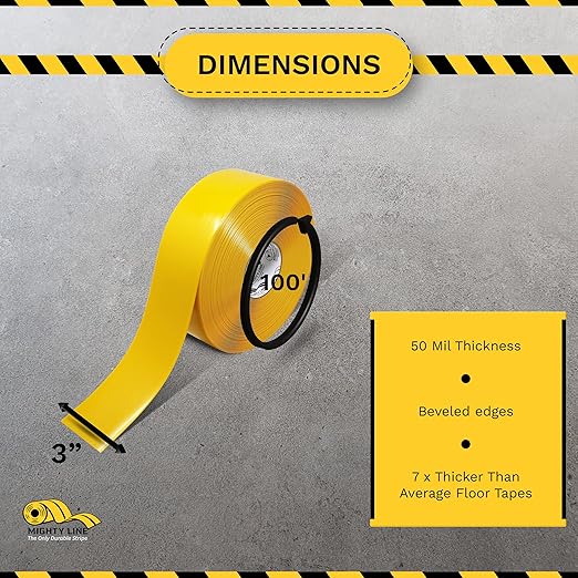 Mighty Line Solid Floor Marking Tape for Safety, Caution, Warning, Heavy-Duty, Peel and Stick Adhesive, Beveled Edge Design, Industrial Quality, 3 inch, 100' Roll, Yellow