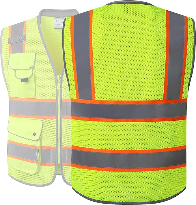 JKSafety 9 Pockets Hi-Vis Safety Vest Breathable Mesh Fabric Cushioned Collar Work Utility PPE Lightweight Industrial Work Gear ANSI/ISEA compliant (101-Yellow L)