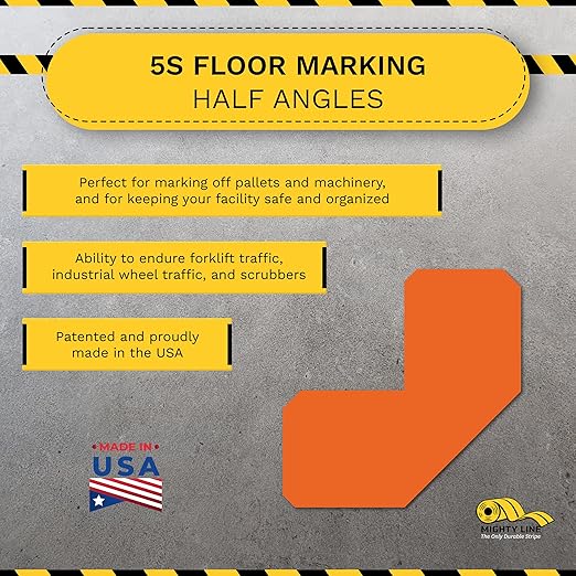 Mighty Line 2" Half Angle Marker Floor Marking Tape for Safety, Caution, Warning, Heavy-Duty, Peel and Stick, Adhesive, Industrial Quality, Orange, Pack of 100