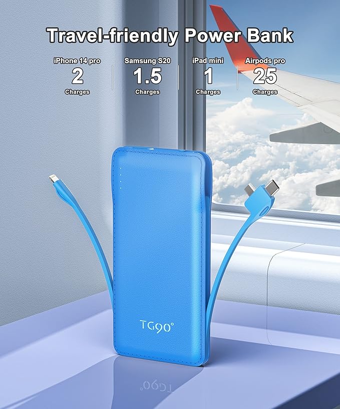 TG90° 10000mah Power Bank Portable Charger with Built-in Cables, Portable Phone Charger Battery Backup Compatible with iPhone 17 16 15 14 13 12 and Android Phones