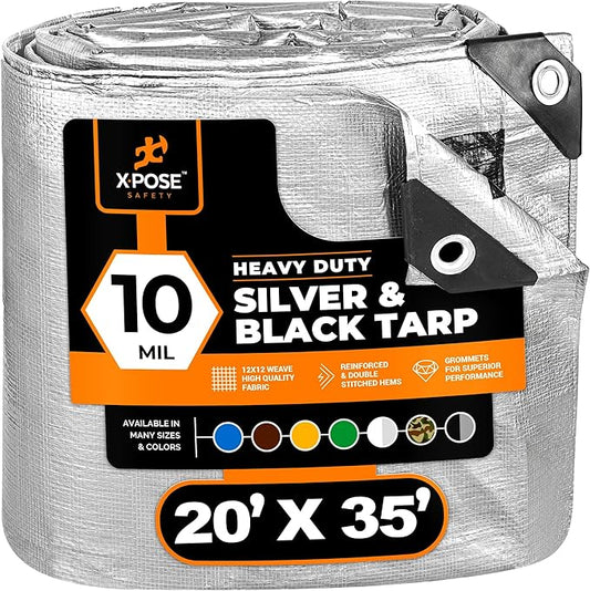 Heavy Duty Poly Tarp - 20' x 35' - 10 Mil Thick Waterproof, UV Blocking Protective Cover - Reversible Silver and Black - Laminated Coating - Grommets - by Xpose Safety