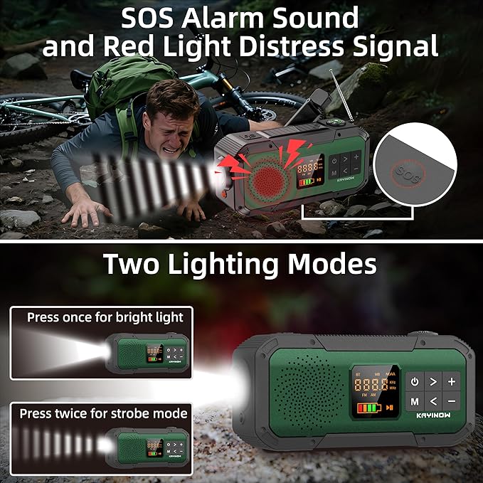 NOAA Weather Radio AM/FM,Portable 2000mAh Rechargeable Battery Operated with USB-C/Hand Crank/Solar Charging,Bluetooth Connectivity,Built-in Light, SOS Alert,Ideal for Camping,Hurricane and Storm Use