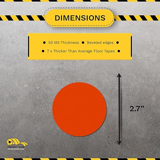 Mighty Line 2.7" Solid Dot Shaped Floor Marking Tape for Safety, Caution, Warning, Heavy-Duty, Peel and Stick, Adhesive Circle Spots, Industrial Quality, Orange, Pack of 100