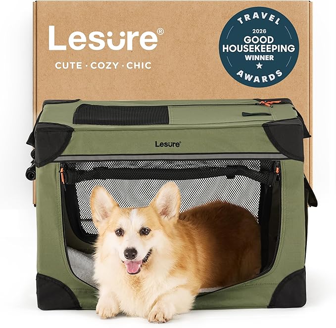 Lesure Shown on TODAY Show Soft Collapsible Dog Crate - 26 Inch Portable Travel Crate for Small Dogs Indoor & Outdoor, 4-Door Foldable Pet Kennel with Mesh Windows, Green