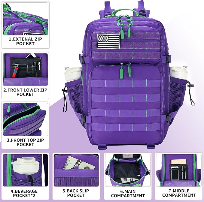 45L Tactical Assault Backpack 3 day assault pack with Molle Waterproof backpack Rucksack for Tactical Backpacks (Purple Green)