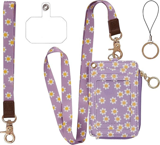 2-in-1 ID Badge Holder & Lanyard Wallet - Multi-Use Womens Small Wallet with Removable Wristlet & Neck Lanyard, Clear Window, 5 Card Slots, Phone Holder, Ring Keychain - Purple Daisies