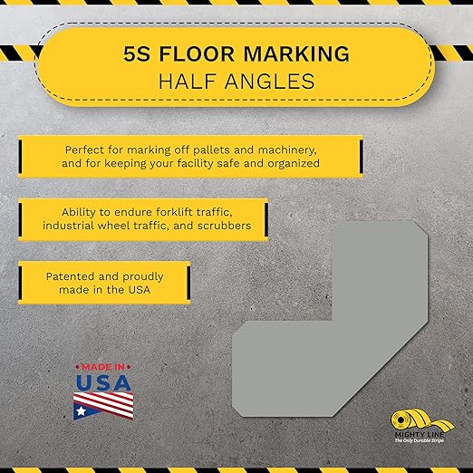 Mighty Line 2" Half Angle Marker Floor Marking Tape for Safety, Caution, Warning, Heavy-Duty, Peel and Stick, Adhesive, Industrial Quality, Gray, Pack of 100