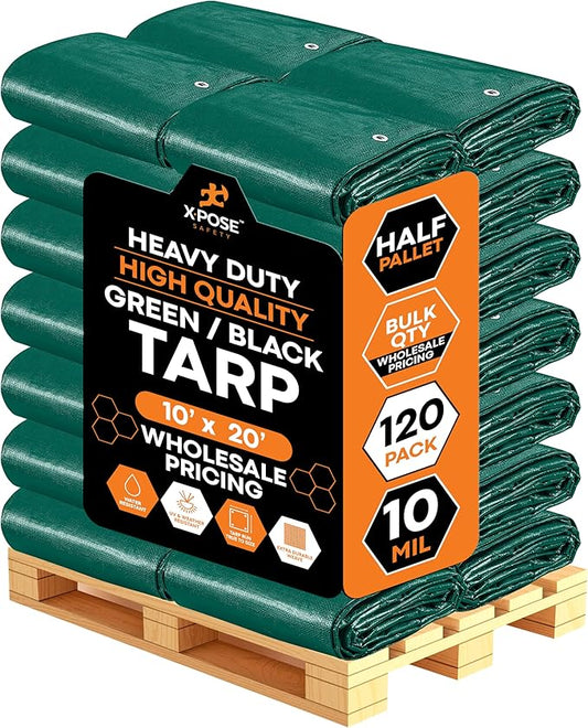 Heavy Duty Poly Tarp 10' x 20' - Bulk Half Pallet (120 Pack) Thick Waterproof, UV Blocking Protective Cover - Reversible Green & Black - 10 Mil Thick Polyethylene - by Xpose Safety