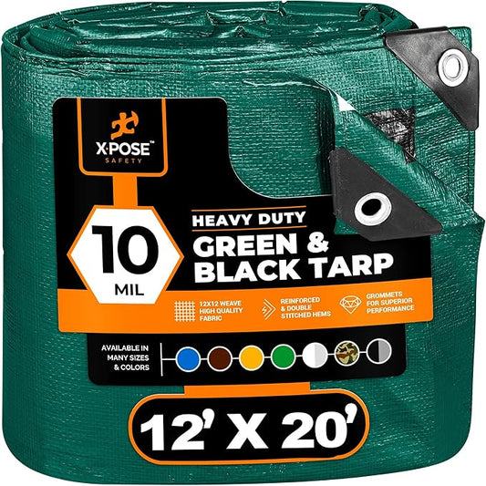 Heavy Duty Poly Tarp 12 Feet x 20 Feet 10 Mil Thick Waterproof, UV Blocking Protective Cover - Reversible Green and Black - Laminated Coating - Grommets - by Xpose Safety