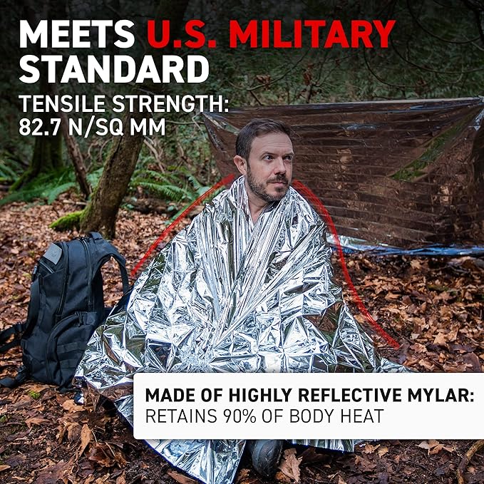 72 HRS Large Emergency Mylar Space Blankets 4-Pack, MIL-SPEC 54″ × 88″ Thermal Survival Foil – Retains 90% Body Heat, Waterproof Reflective Blanket for Camping, Hiking, Marathon, First Aid