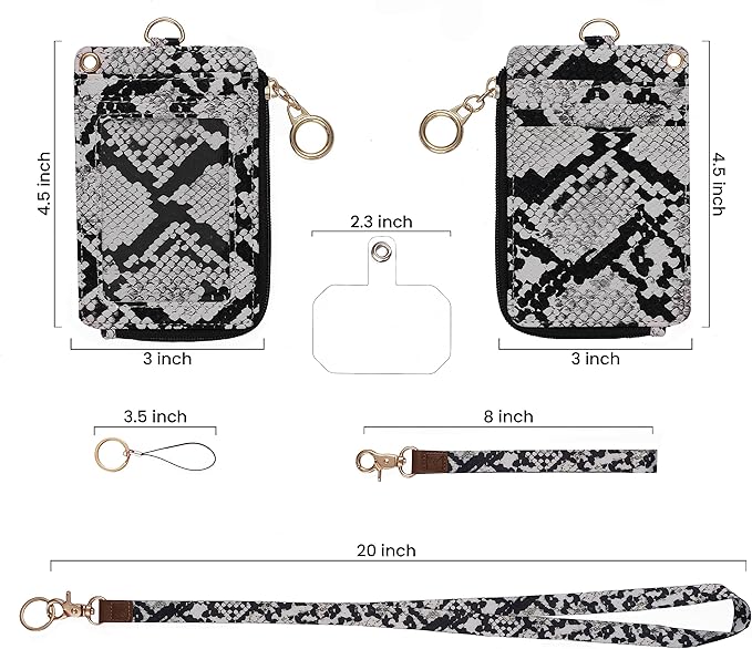 2-in-1 ID Badge Holder & Lanyard Wallet - Multi-Use Womens Small Wallet with Removable Wristlet & Neck Lanyard, Clear Window, 5 Card Slots, Phone Holder, Ring Keychain - White Snake
