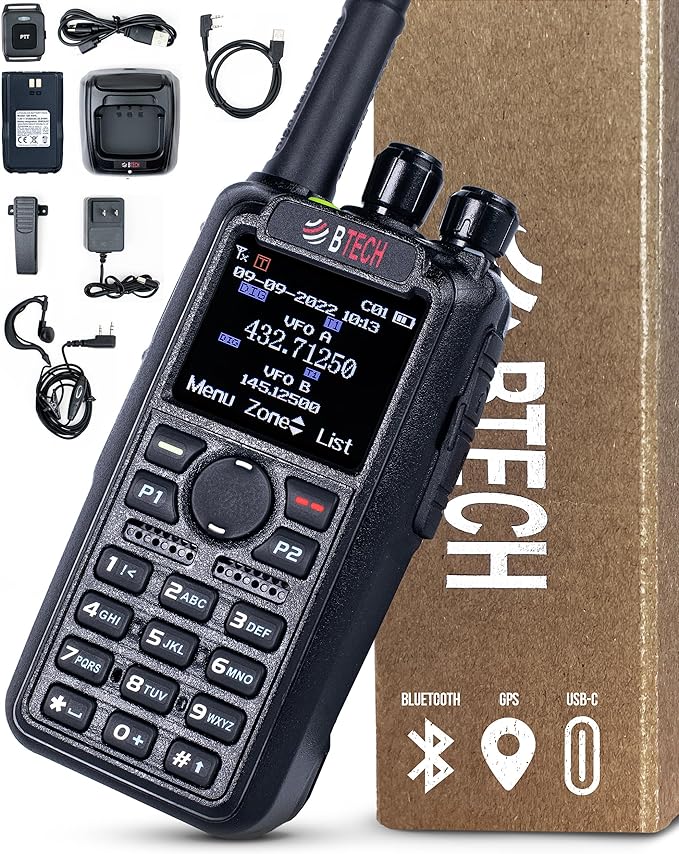 BTECH DMR-6X2 PRO DMR & Analog Two-Way Radio (Bluetooth + GPS) USB-C Battery – 7W VHF/UHF (136-174MHz & 400-480MHz), Encryption, Talker Alias, APRS, Roaming, Voice Recording, with Accessory Kit