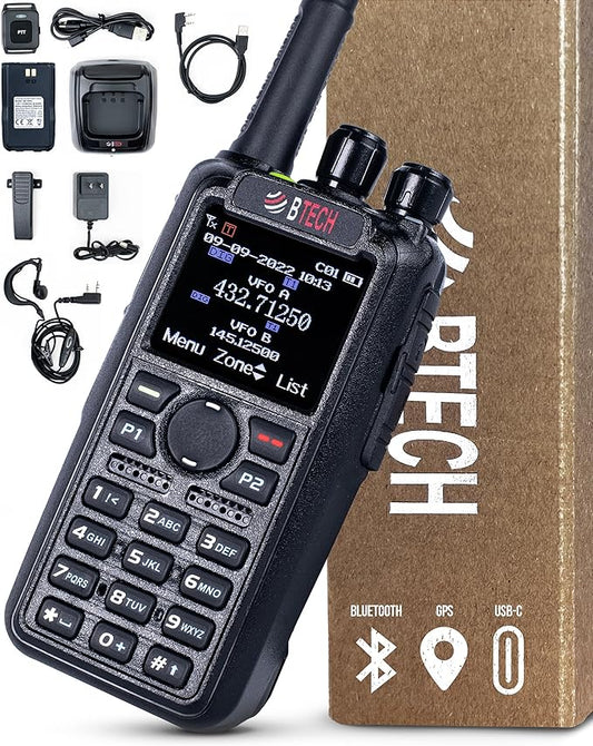 BTECH DMR-6X2 PRO DMR & Analog Two-Way Radio (Bluetooth + GPS) USB-C Battery – 7W VHF/UHF (136-174MHz & 400-480MHz), Encryption, Talker Alias, APRS, Roaming, Voice Recording, with Accessory Kit