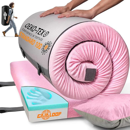 3 Inch Memory Foam Camping Mattress, Dual Layer Thick Sleeping Camp Pad for Car Tent Cot, Roll-Up Portable Glamping Floor Bed for Guests Sleepover