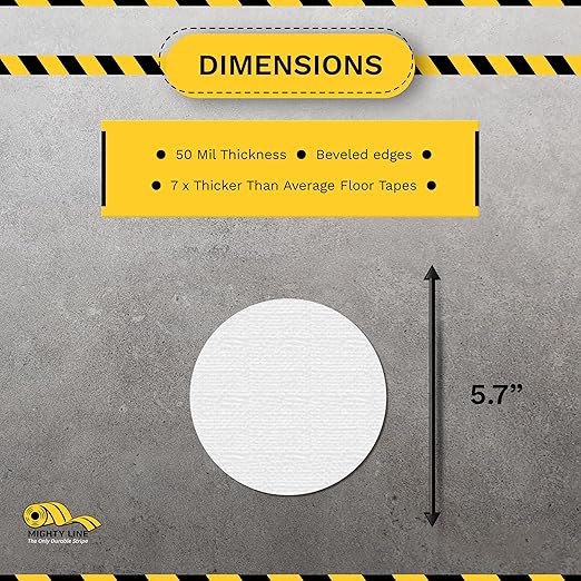 Mighty Line 5.7" Solid Dot Shaped Floor Marking Tape for Safety, Caution, Warning, Heavy-Duty, Peel and Stick, Adhesive Circle Spots, Industrial Quality, White, Pack of 100